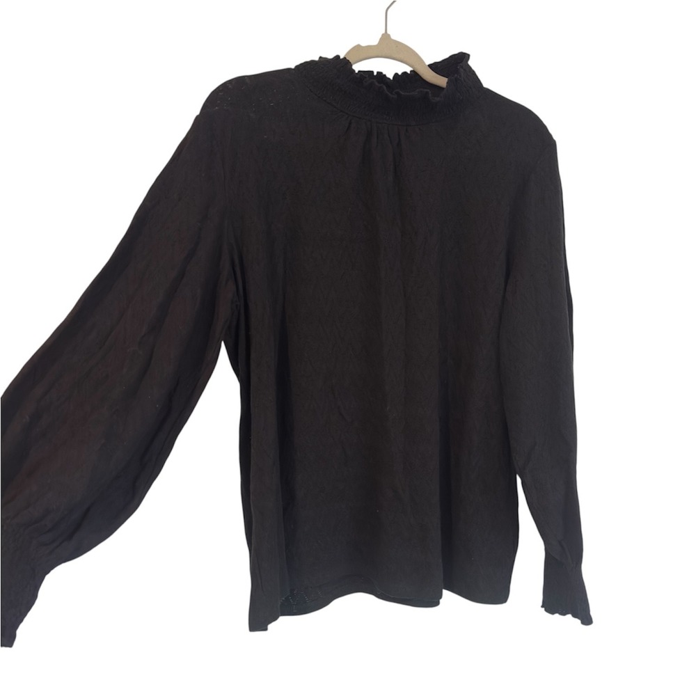 Talbots Plus Black Textured Mock Neck Smocked Pearl Button Blouse Top 1X